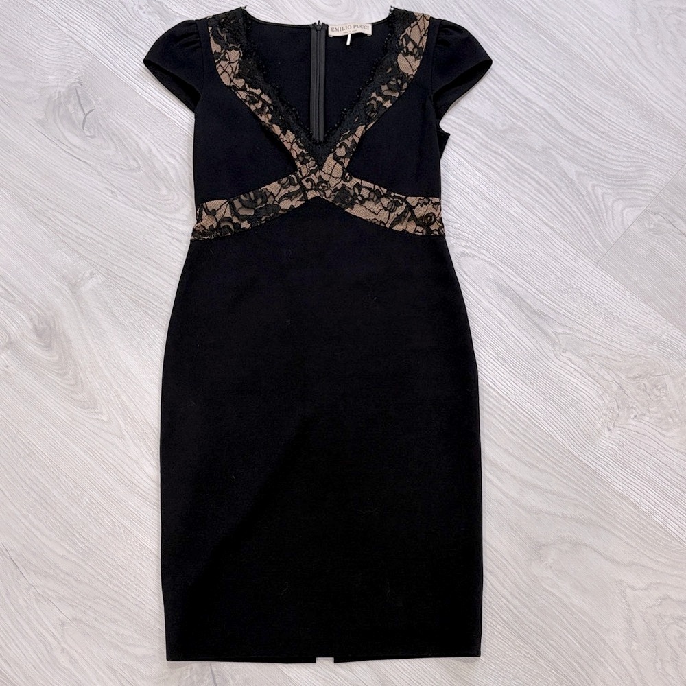 Emilio Pucci Black and Tan Lace Midi Dress